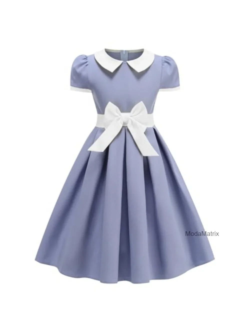 Girls Retro 1950s Swing Dress Short Puff Sleeve Peter Pan Collar Party